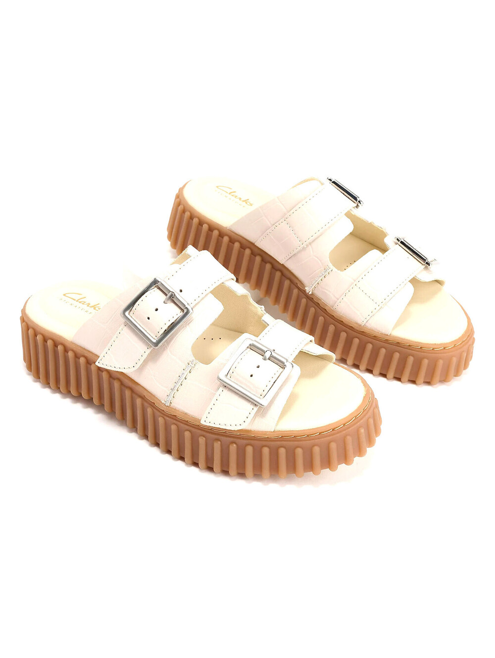 Clarks Torhill Platform Leather Slides Ivory Cream Chunky Sandal Sz 7.5